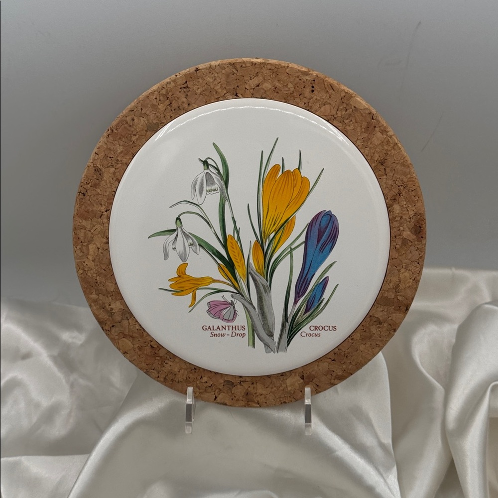 Portmeirion Botanic Garden trivet tile featuring illustrations of spring flowers